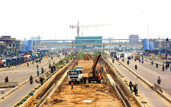 Construction work on the Orile light rail terminal, part of a private-public enterprise to build a mass transit system in Lagos, Nigeria.