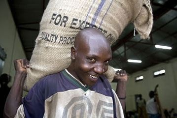 Carrying a sack of “export quality” coffee in Uganda