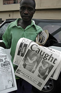 Capture of former Liberian President Charles Taylor reported by newspapers in Sierra Leone, where he faces war crimes charges