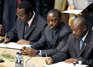 From left: Rwandan Three leaders sign pact at Great Lakes summit. From left: Rwandan Prime Minister Bernard Makuza, DRC President Joseph Kabila and Burundian President Pierre Nkurunziza