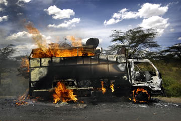 A truck set on fire by Kenyan protesters