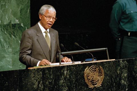 Nelson Mandela speaking at the UN General Assembly in 1994.
