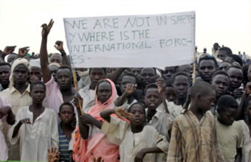 Residents of a camp for displaced people in southern Darfur appeal for international protection