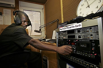 Man broadcasting on UNAMSIL Radio in Sierra Leone