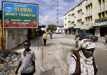 Advertisement for money-transfer services in Mogadishu, Somalia
