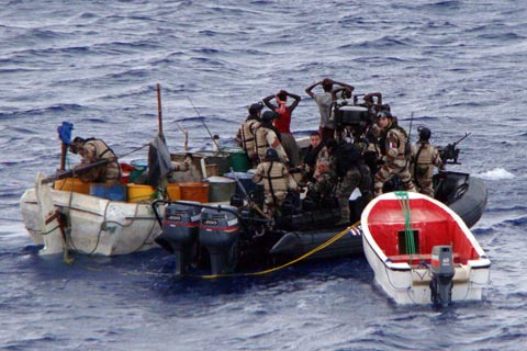 Suspected Somali pirates are apprehended by a patrol of the European Union Naval Force Somalia