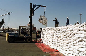 Unloading grain at the port of Dakar, Senegal