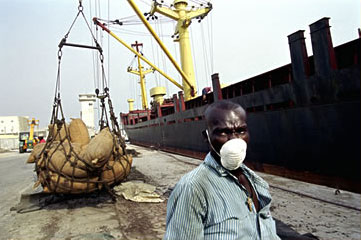 Loading cargo on a ship in Cotonou, Benin