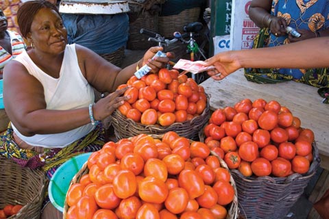 Selling tomatoes at a marketplace in Accra, Ghana
