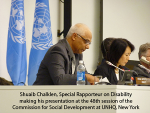 Photograph of the Special Rapporteur on Disability seated at the podium making his presentation to the Commission for Social Development at the 48th Session on 5 February 2010.
