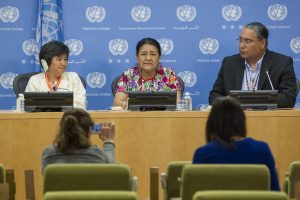 Press Conference on securing the rights and contributions of indigenous peoples in the 2030 Agenda. Picture, left to right: Joan Carling, UNPFII Expert Member, Philippines; Otilia Lux De Coti, Fondo Indigena, Guatemala; Roberto Borrero, International Indian Treaty Council and Indigenous Peoples Major Group, 