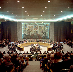 Among the venues for meetings in the United Nations Headquarters in New York is the Security Council Chamber. World leaders preside over the meeting when the member state holds the position of SC President.
