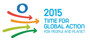 An image that shows a blue circle above four coloured arrows pointing to the text of the Logo for "2015 Time for Global Action for People and Planet".