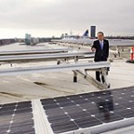 Secretary-General Ban Ki-moon tours the roof of UN City in Copenhagen, Denmark, which has been outfitted with wind turbines and solar panels. UN Photo/Eskinder Debebe
