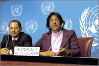 UN High Commissioner for Human Rights Navi Pillay addressing the media ahead of the Anti-racism conference which begins Monday 20th April in Geneva, with her is Ibrahim Salama head of the Conference Secretariat.