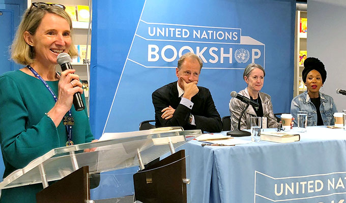 Photo of editor Sahm Venter and Nelson Mandela’s granddaughter Zamaswazi Dlamini-Mandela the UN Bookshop in the NYC Headquarters signing books for attendees. ©  United Nations/Nora Yinuo Chen