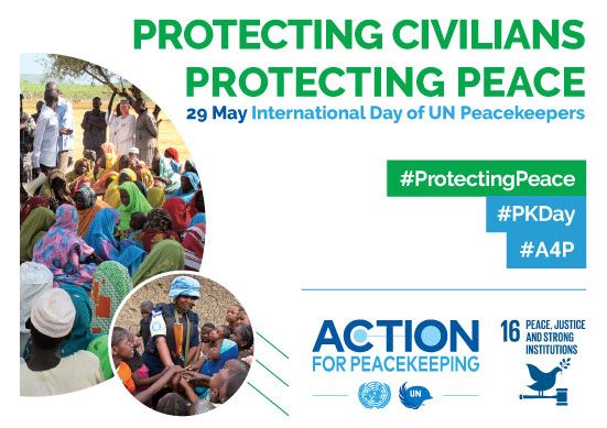 Protecting Civilians Protecting Peace - campaign banner with several images of blue helmet UN staff in the field working with civilians