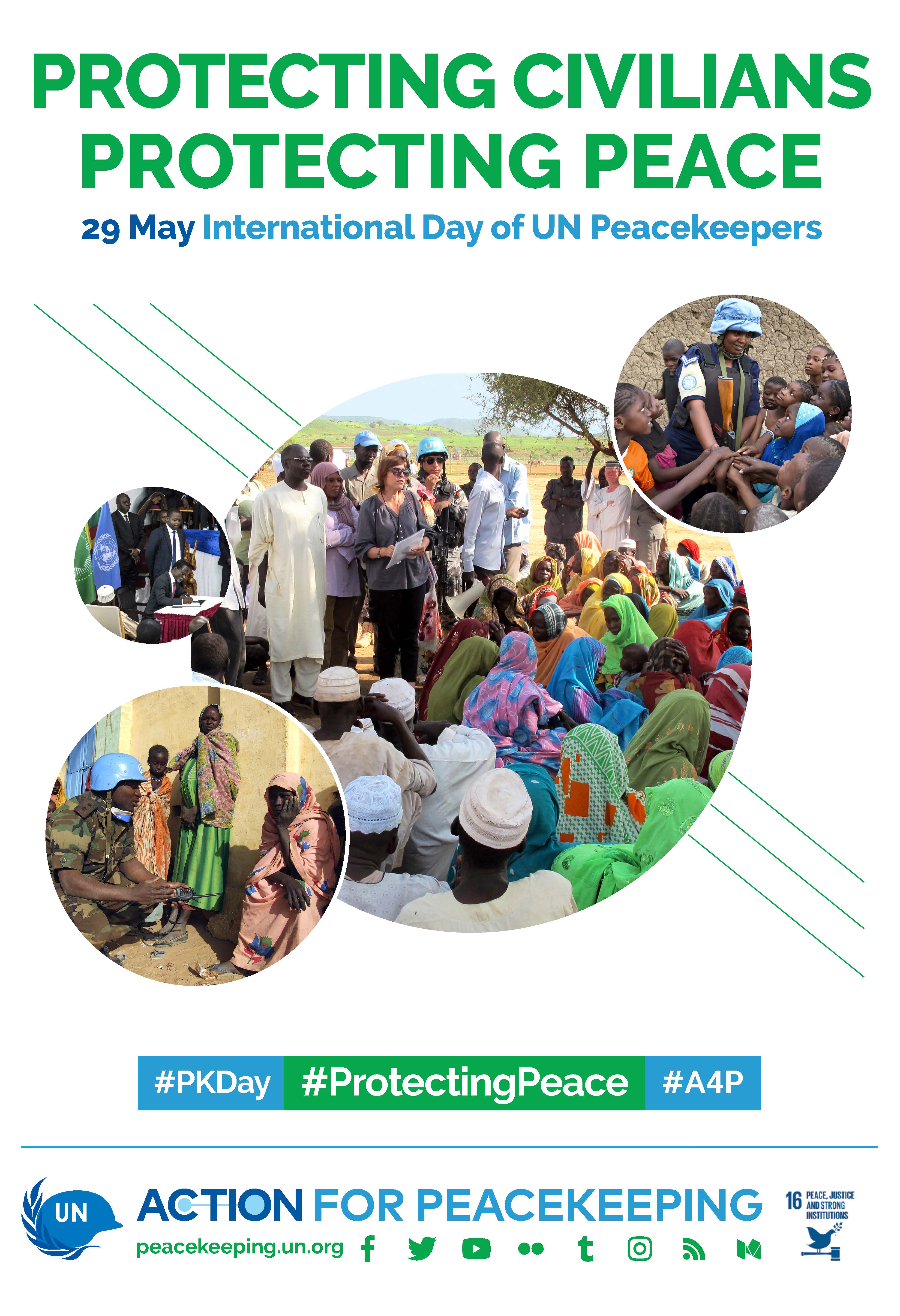 Protecting Civilians Protecting Peace - campaign poster with several images of blue helmet UN staff in the field working with civilians
