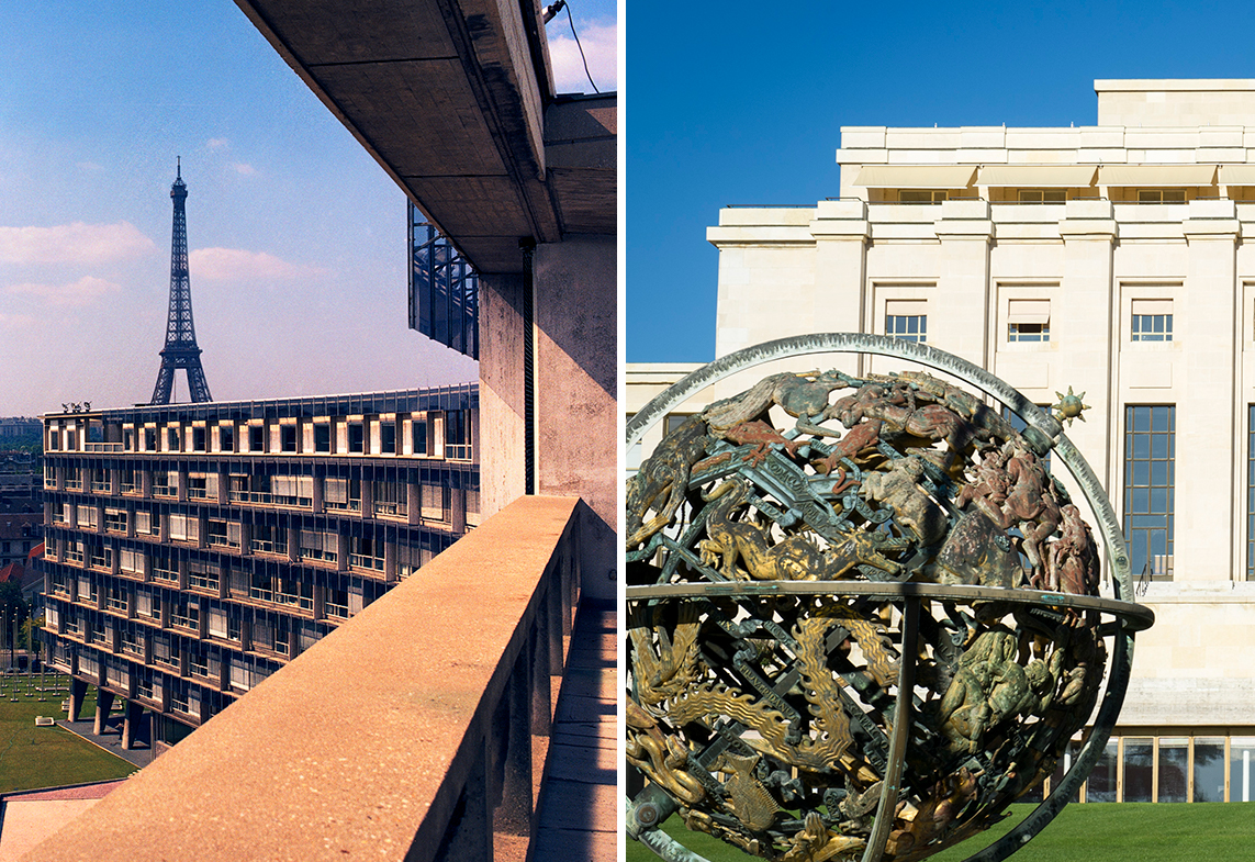 Two pictures: on the left is a view of the Palais des Nations, seat of the UN Office at Geneva (UNOG), on the right is a view of UNESCO's headquarters in Paris.