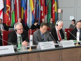 Ambassador Kim Sook (centre), Chair of the 1540 Committee, and Permanent Representative of the Republic of Korea to the United Nations, New York, addressing a Dialogue meeting of the Organisation for Security and Cooperation in Europe's (OSCE) Forum for Security Cooperation (FSC) in Vienna on 15 May 2013. To the left is the Chair of the FSC Dialogue meeting, Ambassador Giedrius Cekuolis Permanent Representative of the Republic of Lithuania to the OSCE.