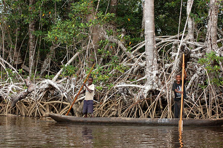Un joven en una canoa remando