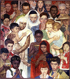 La mosaïque inspirée du tableau de Norman Rockwell « La règle d'or », représente des gens de toutes origines, convictions et couleurs avec dignité et respect. La mosaïque porte une inscription signifiant « Comporte-toi avec les autres comme tu voudrais qu'ils le fassent avec toi. »