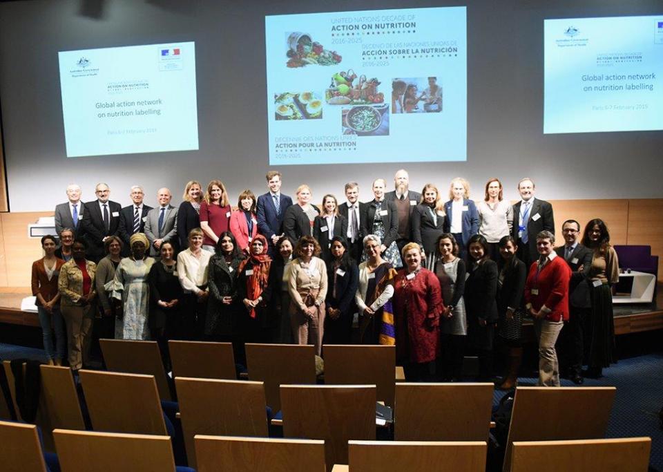 Participantes en la reunión inaugural de la Red de acción mundial sobre etiquetado nutricional, convocada conjuntamente por Francia y Australia los días 6 y 7 de febrero de 2019.