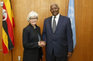 President Kutesa and Laurence Tubiana, Special Representative of the Minister for Foreign Affairs of France for the Conference of the Parties to the UN Framework Convention on Climate Change (COP 21). UN Photo/Evan Schneider