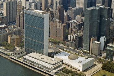 Aerial view of UN Headquarters in New York City.