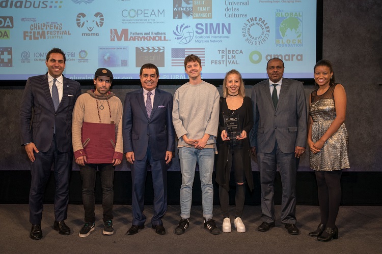 The makers of "I Am Aliya", one of the winning videos, on stage with Mr. Alhendawi, Mr. Al-Nasser, Mr. El Nour and the evening host Victoria Pannell