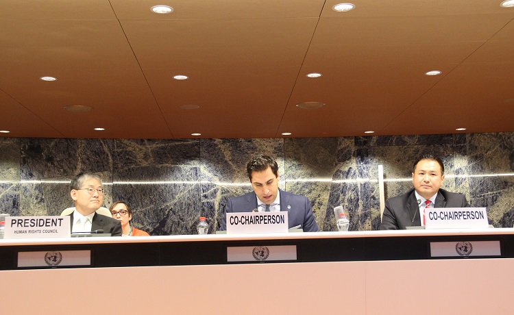 Mr. Alhendawi co-chairs the first Forum on Human Rights, Democracy and the Rule of Law together with co-chair Ambassador Mukashev of the Kyrgyz Republic. To the left, Human Rights Council President, Ambassador CHOI Kyonglim of the Republic of Korea.  
