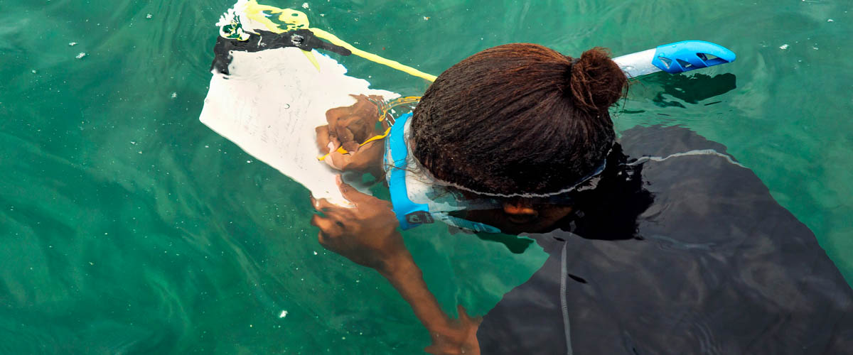 赛尔凡娜•安塔特是塞舌尔国家公园管理局海洋研究员，在塞舌尔周边海域的珊瑚礁绘图方面发挥着主导作用。世界各地的妇女在保护工作中的领导地位往往不为公众所知晓。联合国妇女署图片/Ryan Brown 
