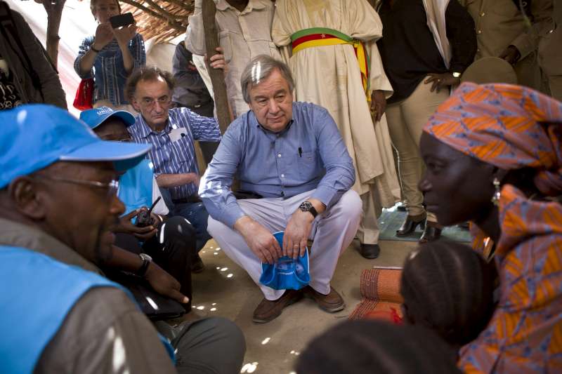 The UN High Commissioner for Refugees listens as Mariam, a Nigerian refugee in Cameroon, describes the attack on her village that forced her to flee.