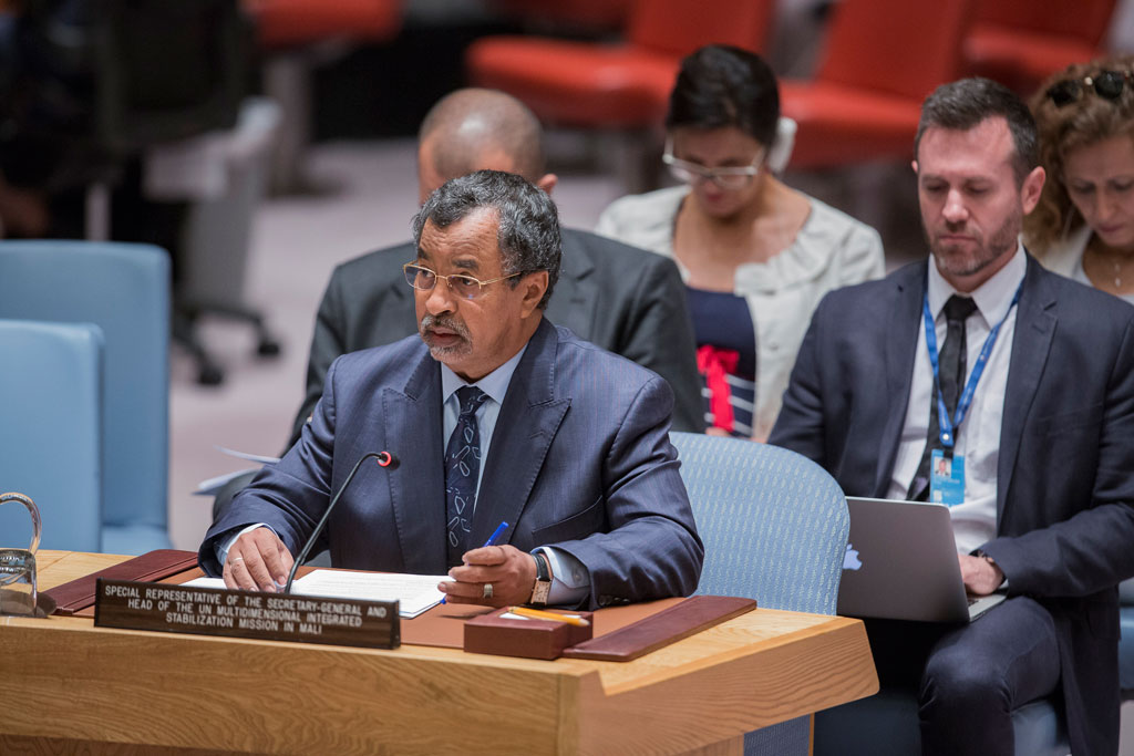 Saleh Annadif, Special Representative of the Secretary-General for Mali and Head of the United Nations Multidimensional Integrated Stabilization Mission in Mali (MINUSMA), briefs the Security Council. UN Photo/Manuel Elias