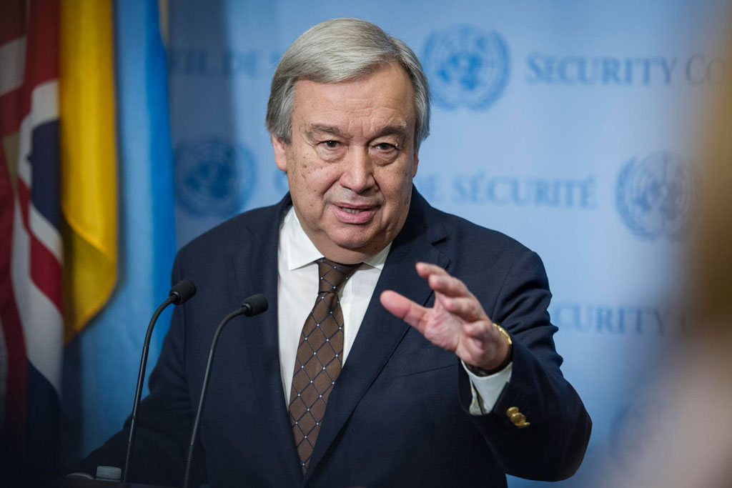 Le Secrétaire général de l’ONU, António Guterres, devant la presse. Photo ONU/Manuel Elias