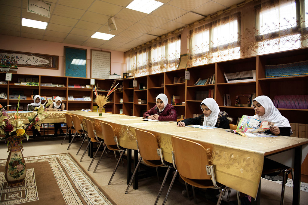 学生们在利比亚的黎波里的一所学校的图书馆里读书。