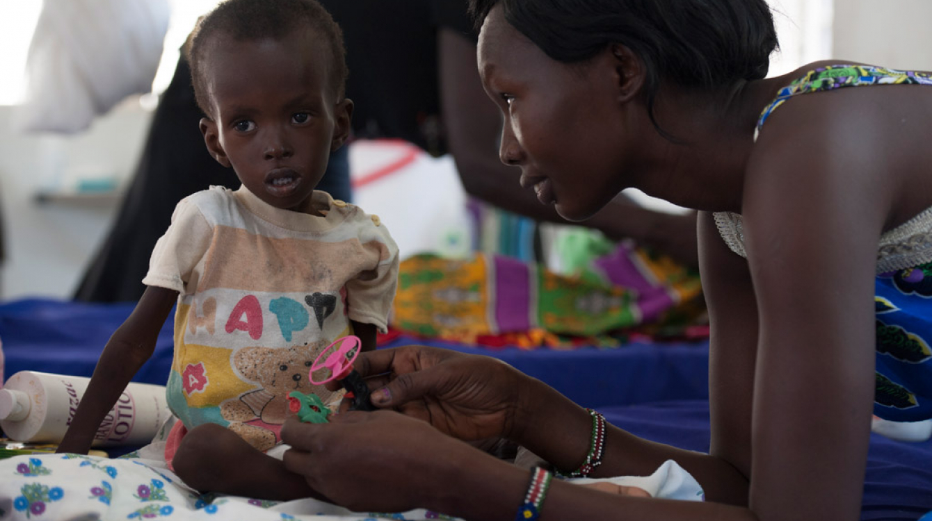 Two-year-old, Kuot is being treated for severe acute malnutrition, at the UNICEF-supported Al-Shabbah Children’s Hospital, in Juba, South Sudan. Photo: UNICEF/Sebastian Rich