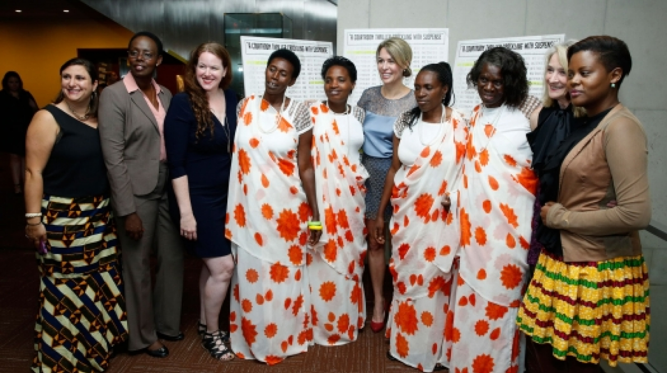 Film Director Michele Mitchell (5th right) at the UN screening of "The Uncondemned" with the four women who testified before the International Criminal Tribunal for  Rwanda and Godeliève Mukasarasi of the SEVOTA support group for widows and orphans. UN Ph