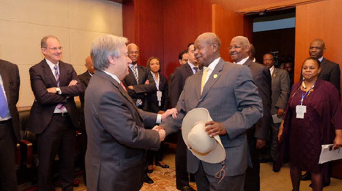 Secretary-General António Guterres meets President of Uganda Yoweri Kaguta Museveni at the 28th summit of the African Union (AU), in Addis Ababa, Ethiopia. Photo credit: UN Photo/Antonio Fiorente