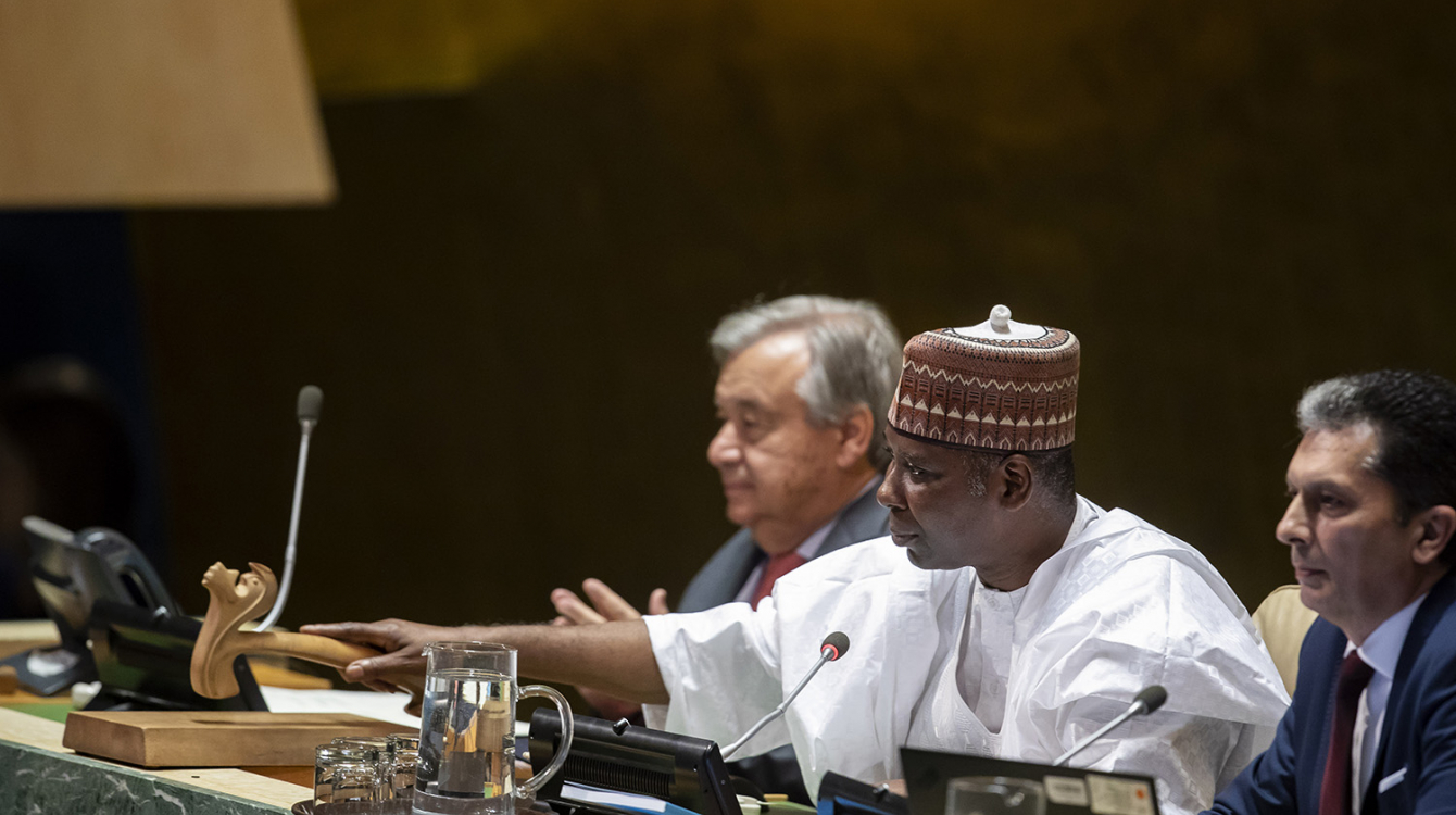 Tijjani Muhammad-Bande (centre), President of the seventy-fourth session of the United Nations General Assembly, opens the general debate of the seventy-fourth session of the General Assembly.