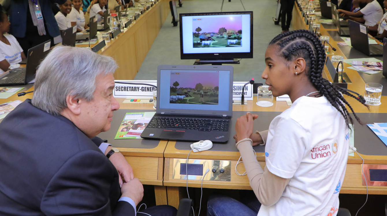 Secretary-General António Guterres attends a Science, Technology, Engineering and Mathematics (STEM) Event on Digital Coding at the 32nd Assembly of the African Union in Addis Ababa, Ethiopia. Photo Credits:UN Photo/Antonio Fiorente