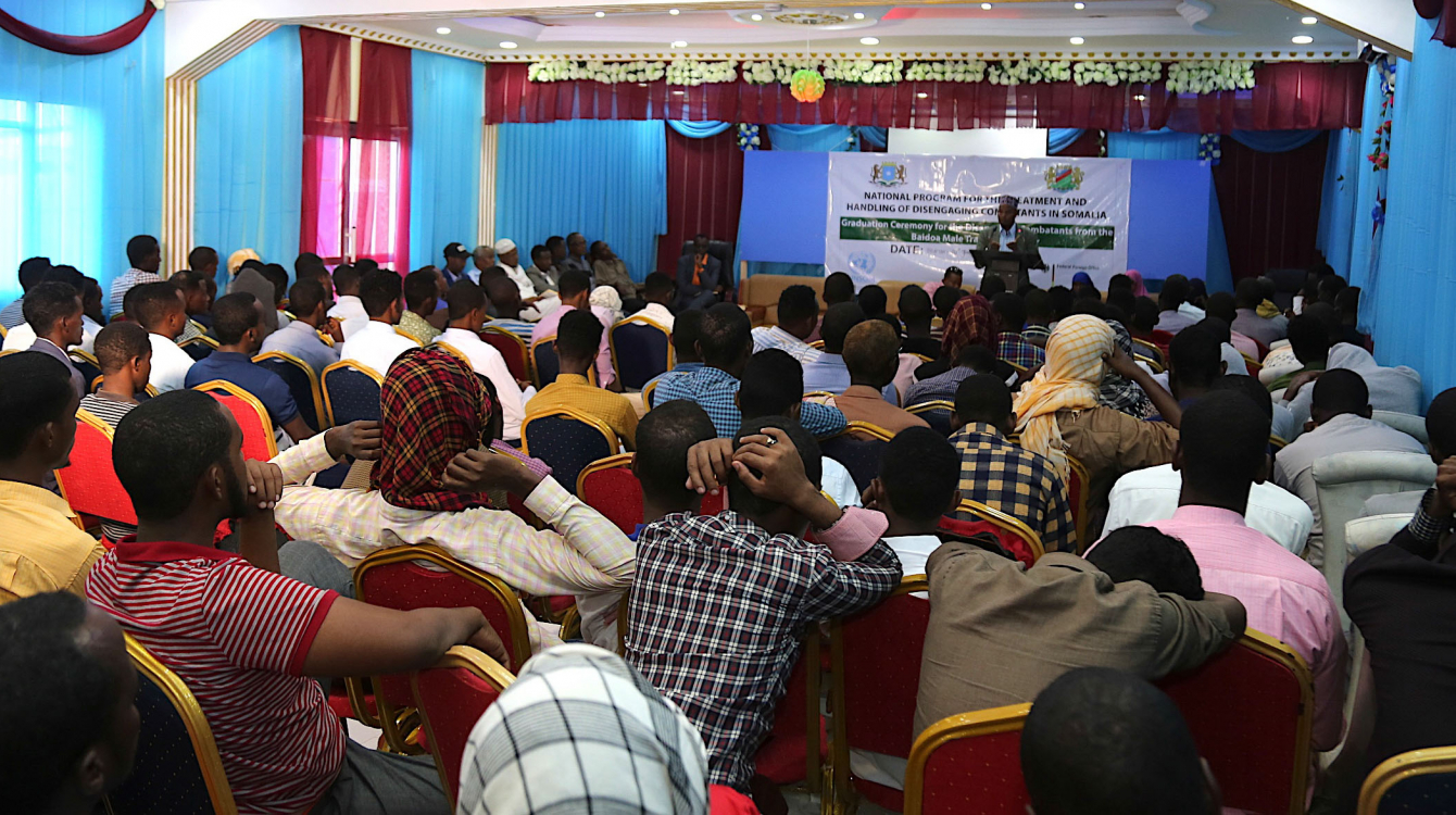 Former Al Shabaab combatants attend their graduation ceremony at Baidoa Rehabilitation Center, Somalia on 20 June 2019.          UN Photo