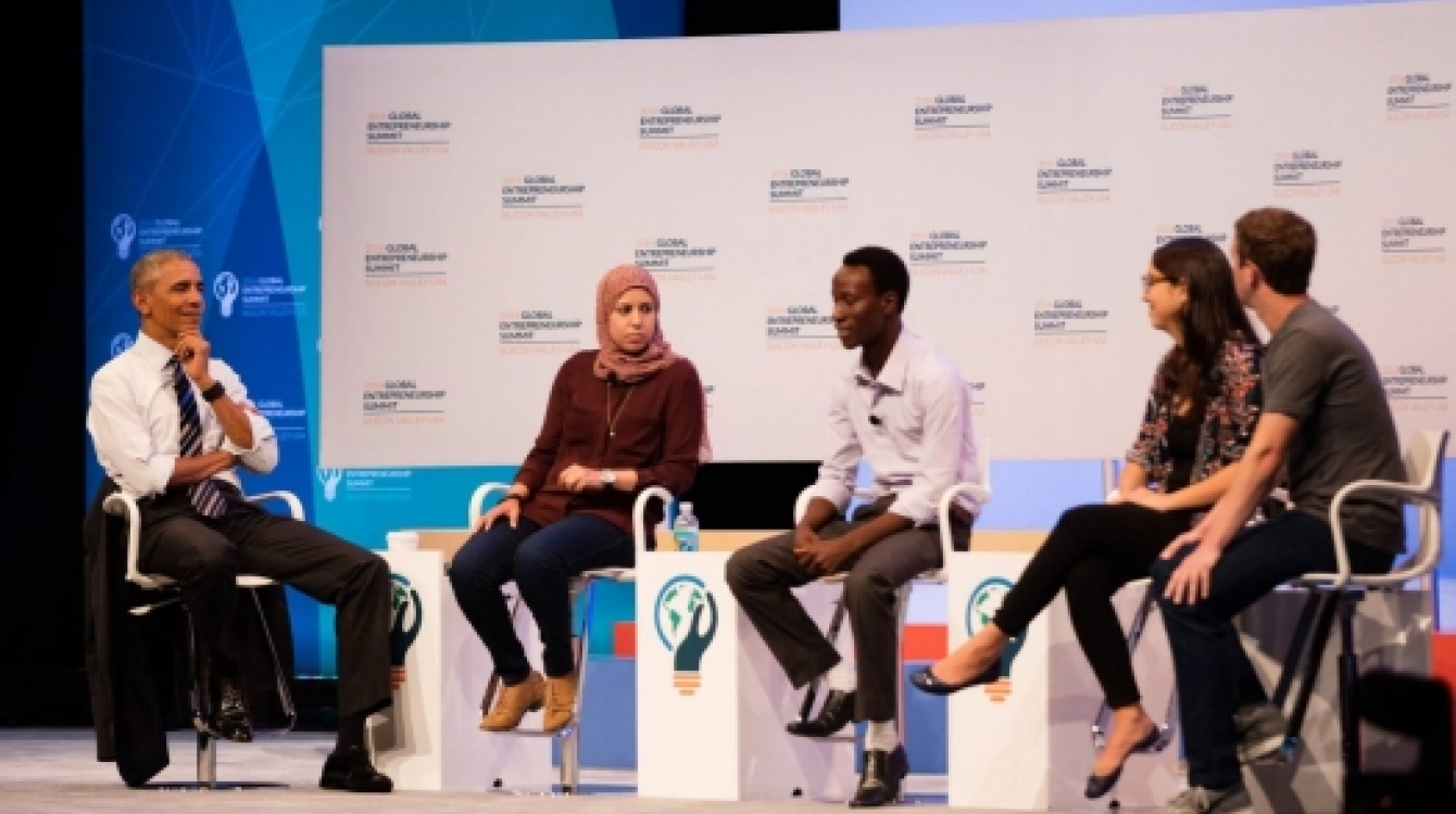 Young entrepreneurs from Egypt, Rwanda and Peru discuss their experiences with US former President Barack Obama and Facebook CEO Mark Zuckerberg at an entrepreneurship summit at Stanford University last year. Photo: Stanford University/Aaron Kehoe