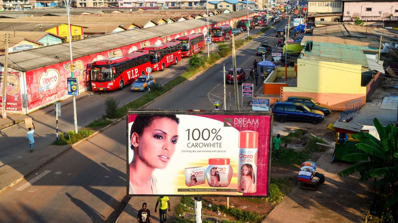 An ad of a skin whitening cosmetic product in Kumasi, Ghana. 
