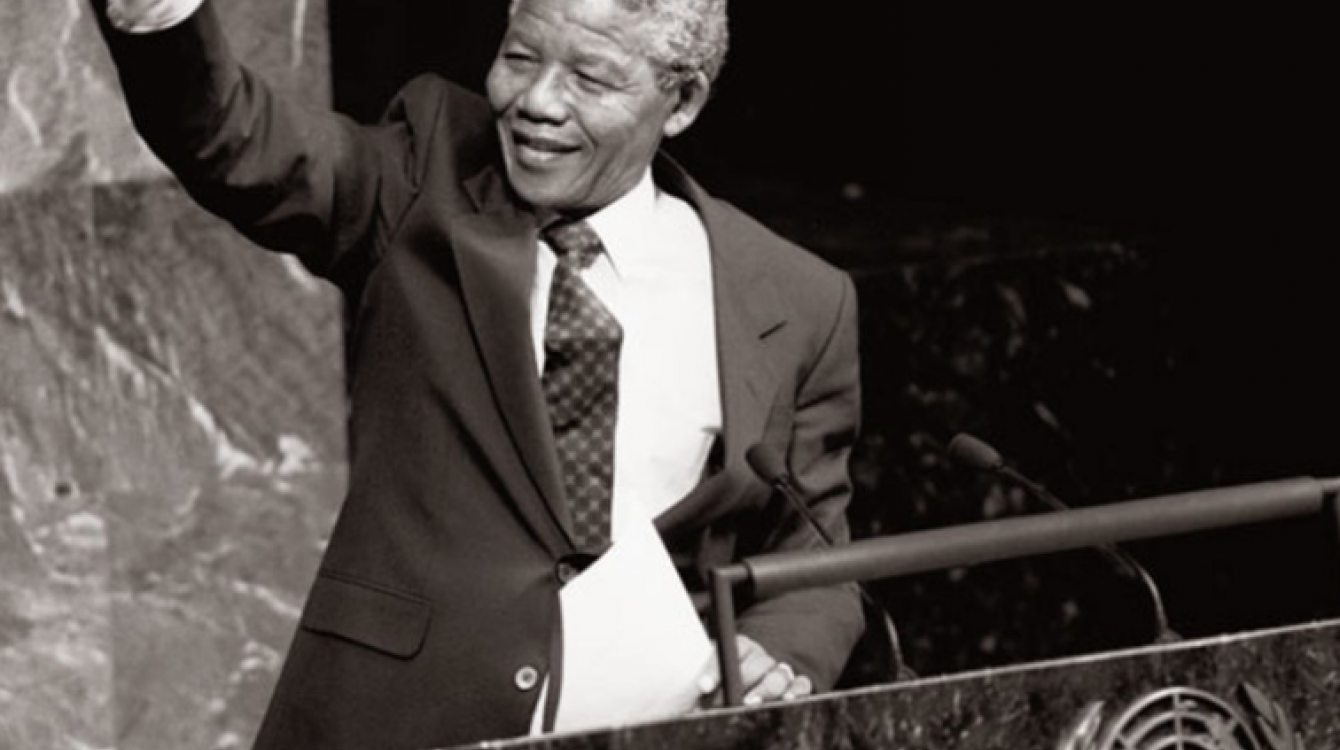 Nelson Mandela, then Deputy President of the African National Congress of South Africa, raises his fist in the air while addressing the Special Committee Against Apartheid in the General Assembly Hall.