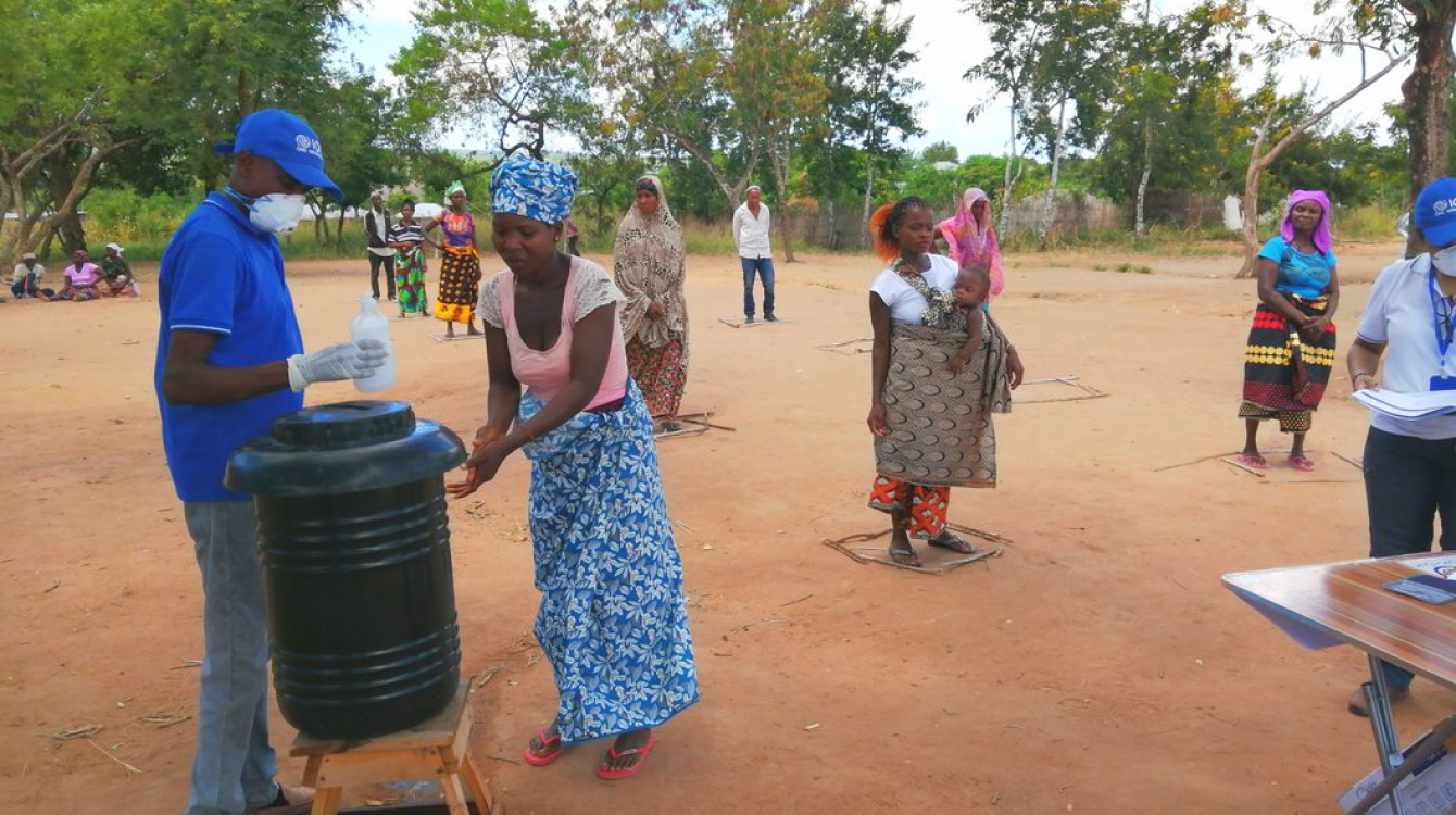 Shelter distribution for displaced families in Cabo Delgado, Mozambique incorporates social distancing, hand washing and other COVID-19 precautions.