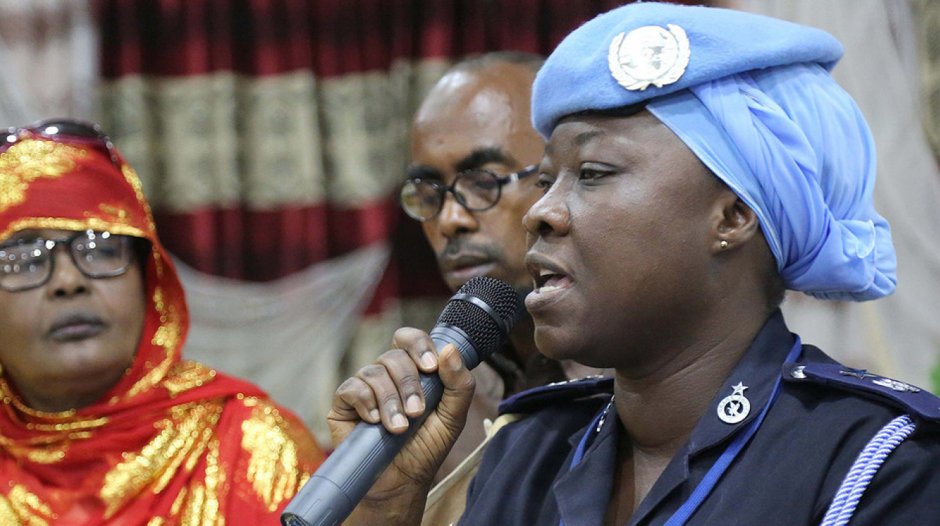 UN Police advisor, speaks during the Women Peace Forum held in Kismaayo, Somalia on 25 July 2018. The forum was organised by the Somali National Women Association (SNWA) and supported by the United Nations Assistance Mission Ethiopia. Credits: Phylis Osei