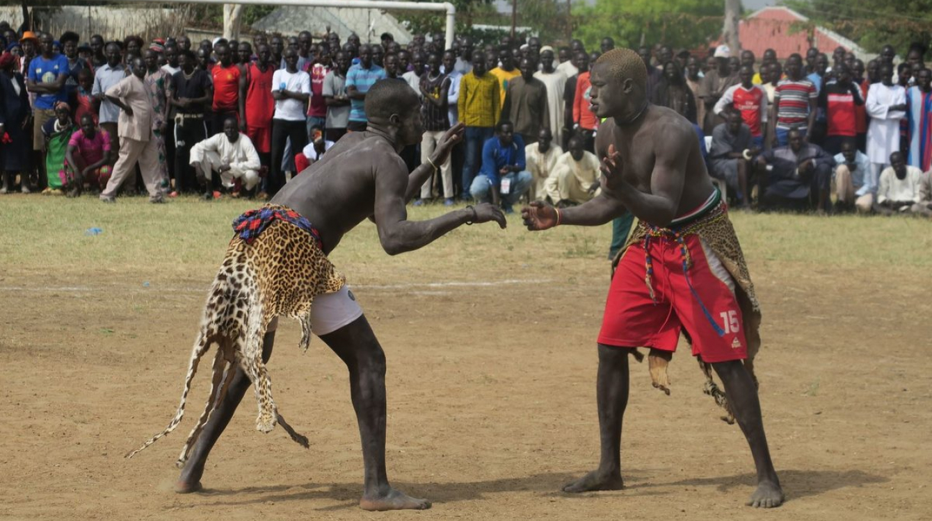 Two men wrestling