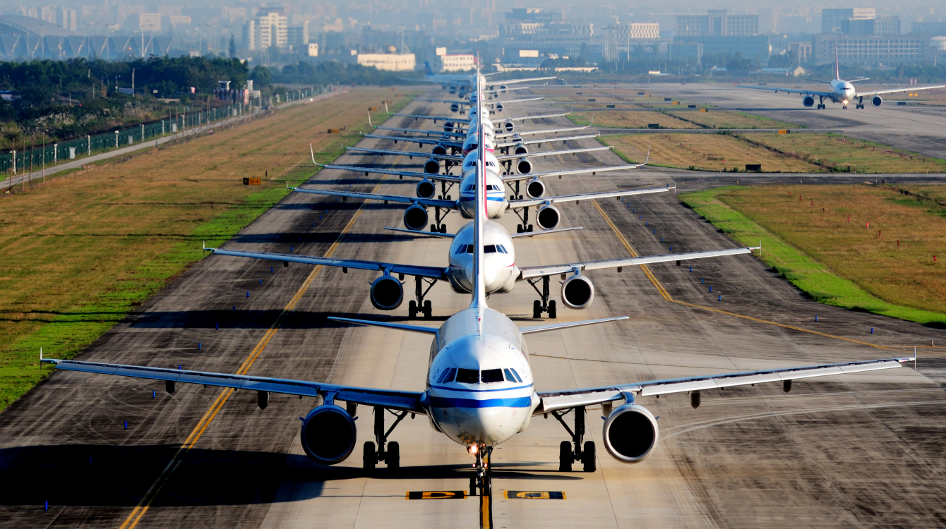 Airplanes waiting for take off.  