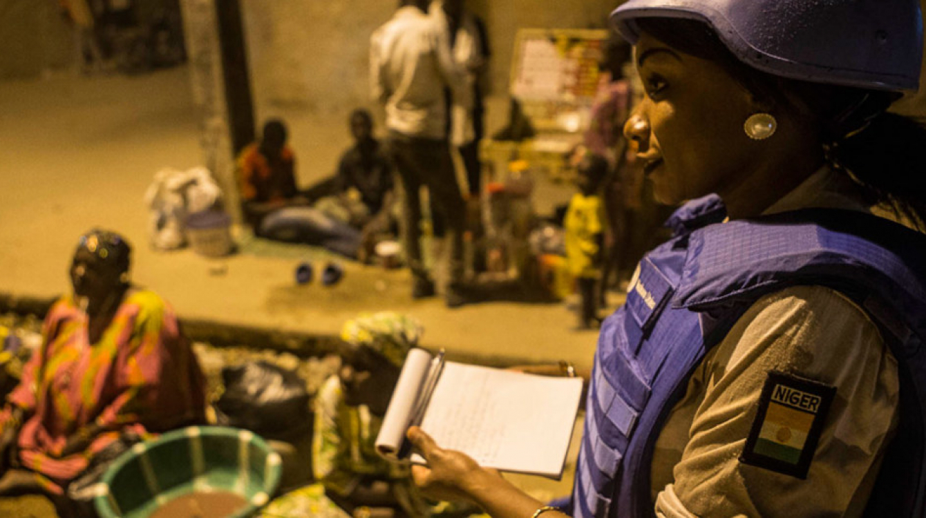 A police officer from the UN mission in Mali (MINUSMA) on patrol in Timbuktu.